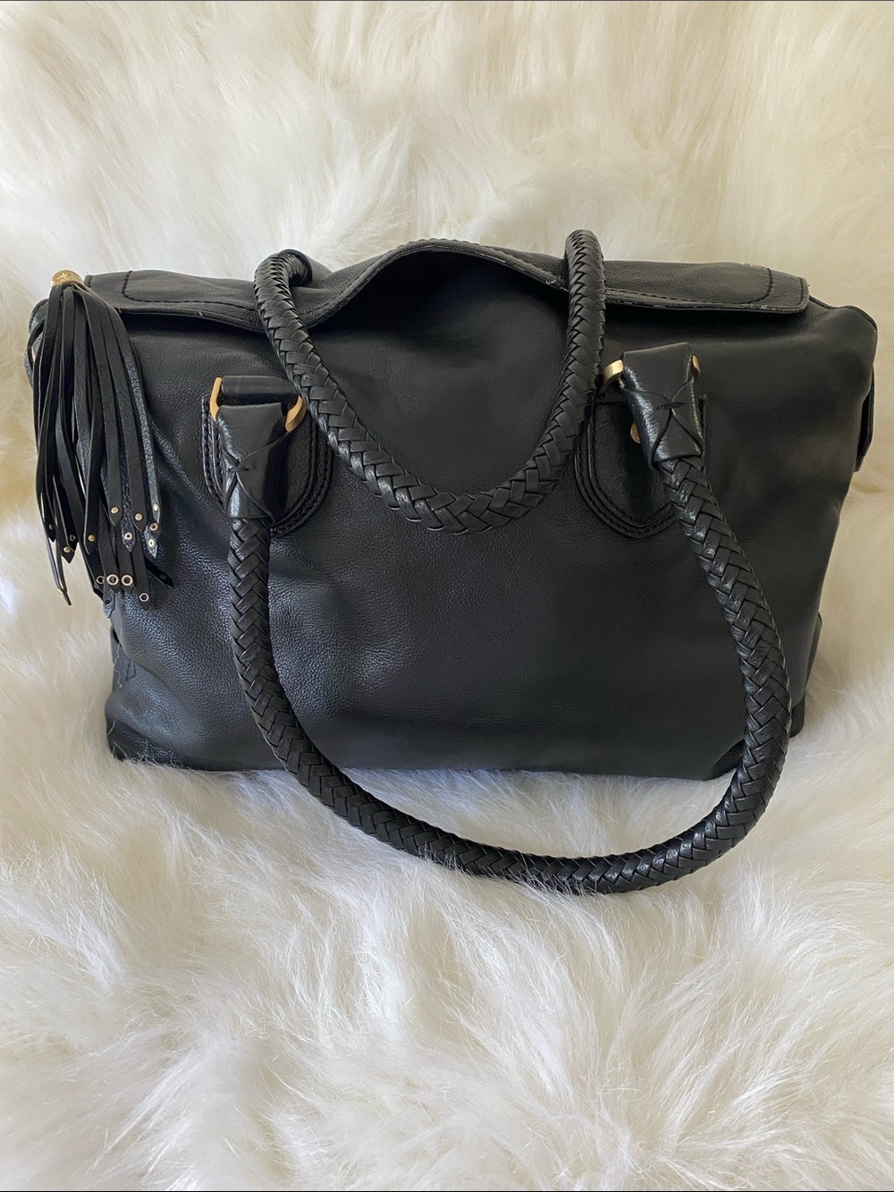 Vintage Cole Haan Black Leather Shoulder Handbag with Tassel and Braided Straps